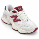 New Balance 9060 Branco/Bordo — frontal em três quartos, ponta para a direita