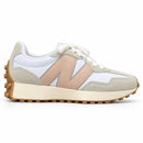 New Balance 327 Off/Rosê — vista lateral com a ponta à direita