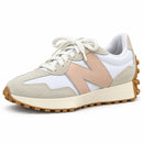 New Balance 327 Off/Rosê — vista frontal oblíqua da outra face externa