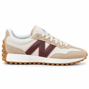 New Balance 327 Off/Bordo - perfil lateral com etiqueta na face frontal da língua